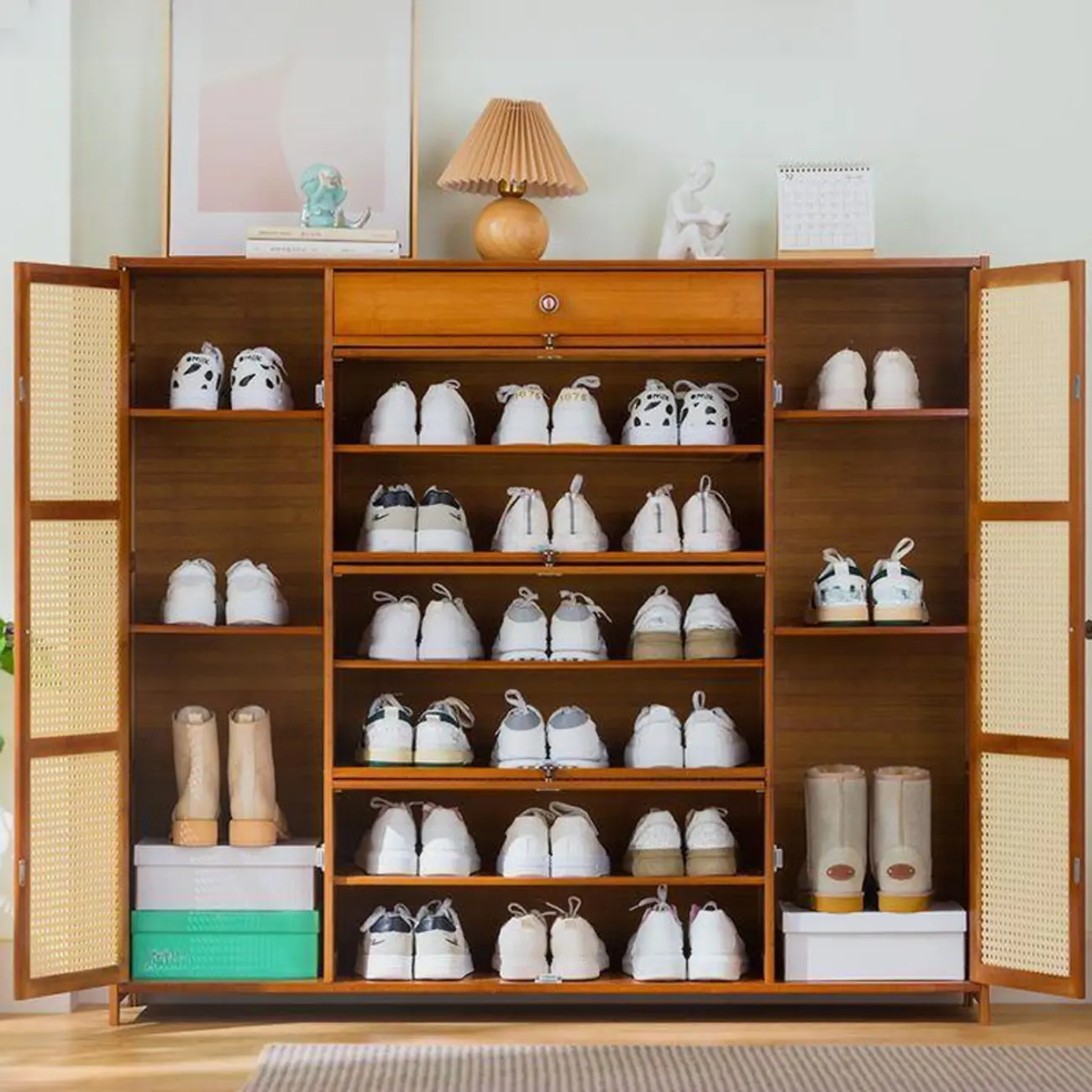 Bohemian Brown Wood Shoe Cabinet with Cane Doors Image - 6 | homeyfad