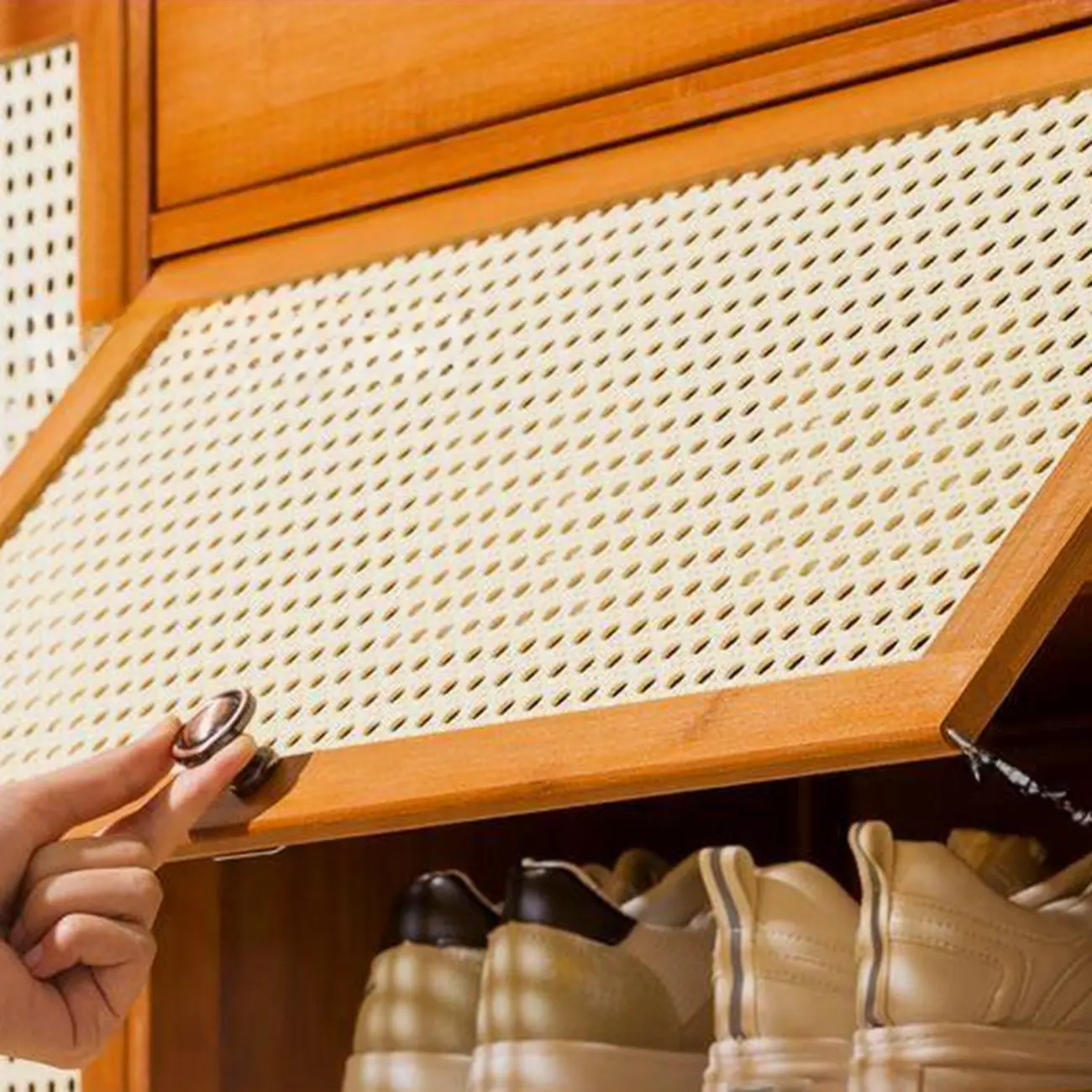 Bohemian Brown Wood Shoe Cabinet with Cane Doors Image - 7 | homeyfad