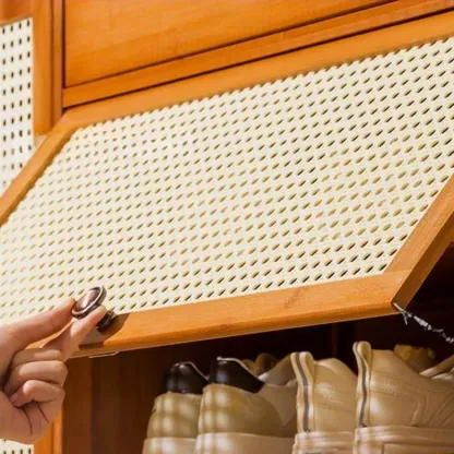 Bohemian Brown Wood Shoe Cabinet with Cane Doors Image - 7