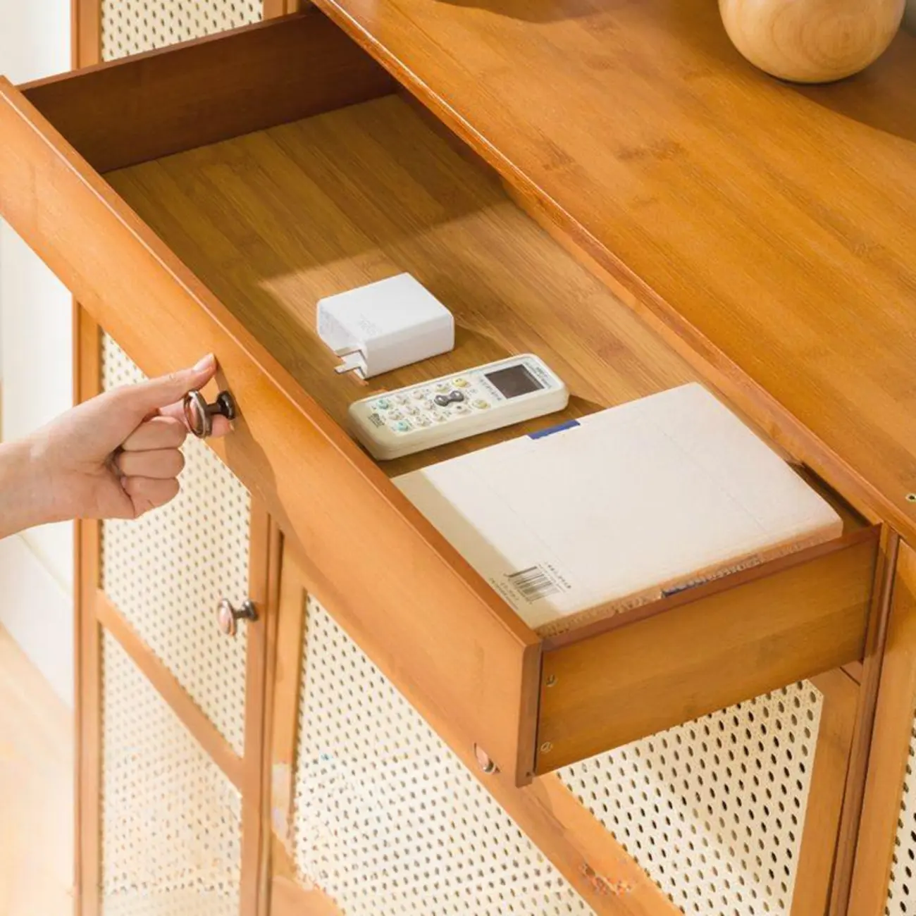 Bohemian Brown Wood Shoe Cabinet with Cane Doors Image - 9 | homeyfad