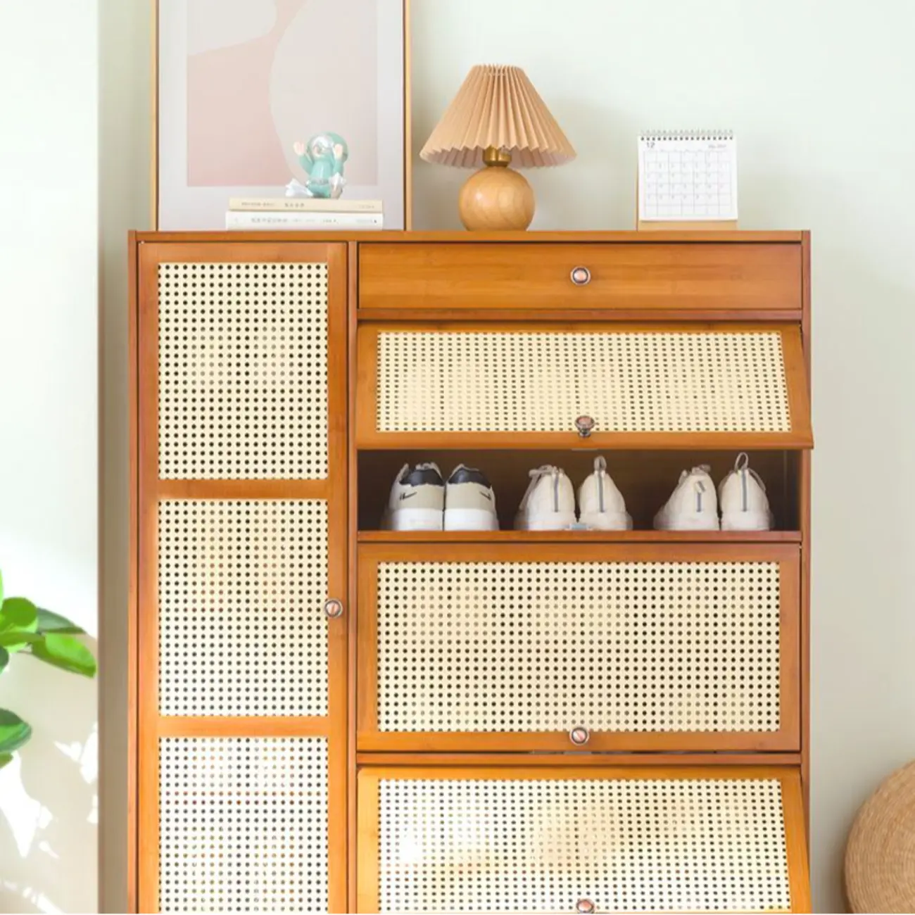 Bohemian Brown Wood Shoe Cabinet with Cane Doors Image - 12 | homeyfad