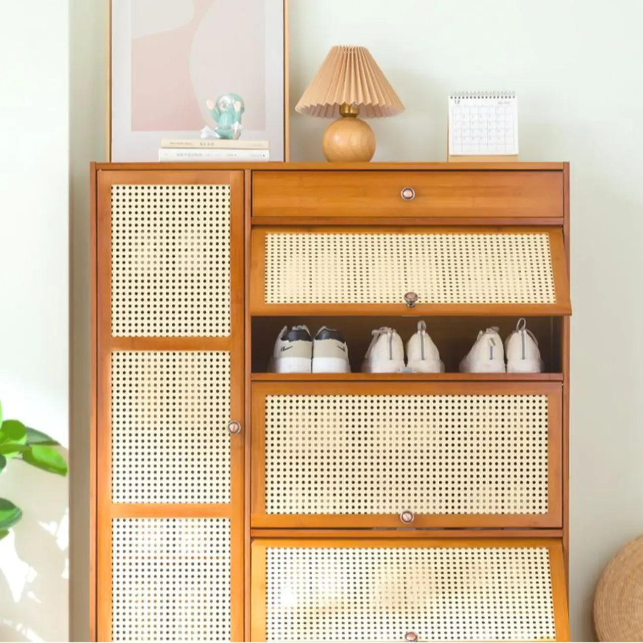 Bohemian Brown Wood Shoe Cabinet with Cane Doors Image - 12