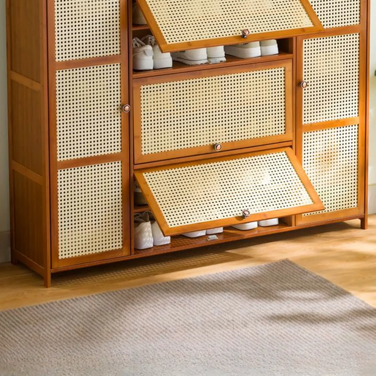 Bohemian Brown Wood Shoe Cabinet with Cane Doors Image - 15 | homeyfad