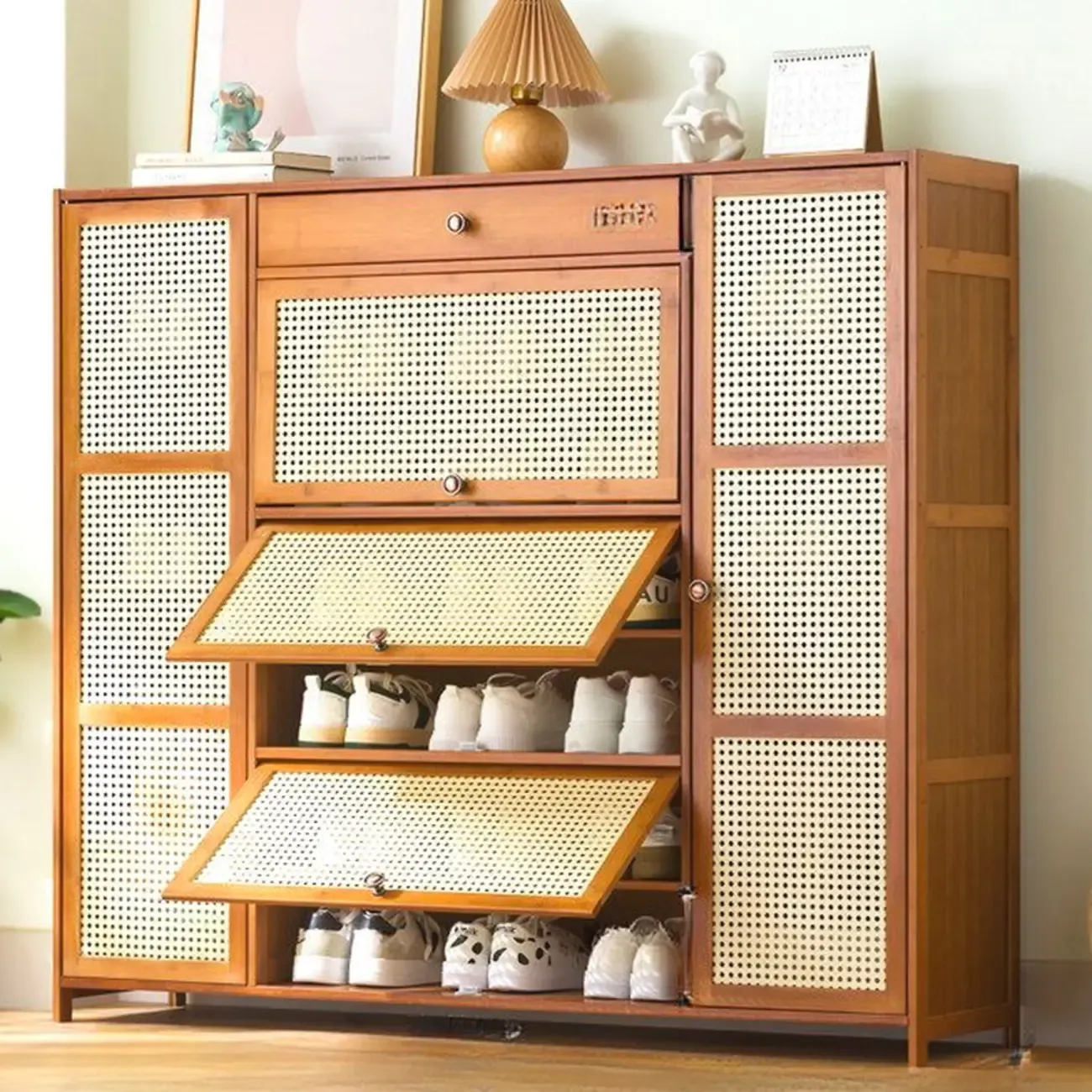 Bohemian Brown Wood Shoe Cabinet with Cane Doors Image - 16