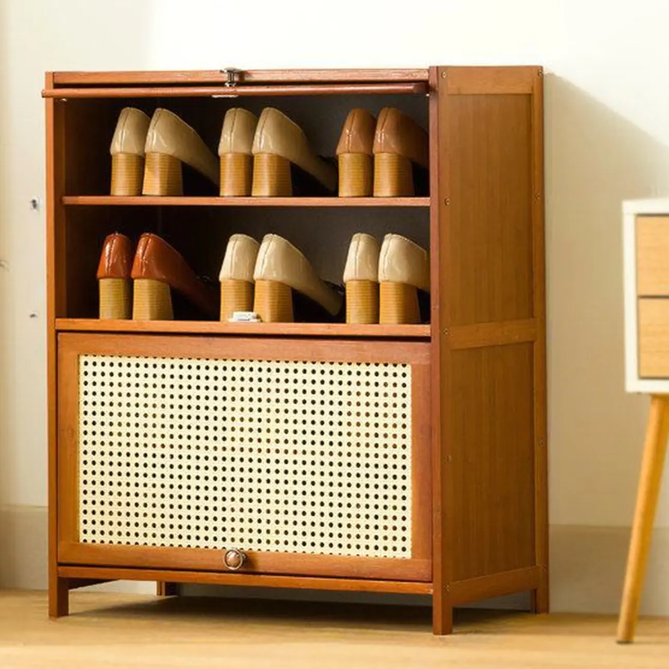 Bohemian Brown Wood Shoe Cabinet with Cane Doors Image - 18 | homeyfad