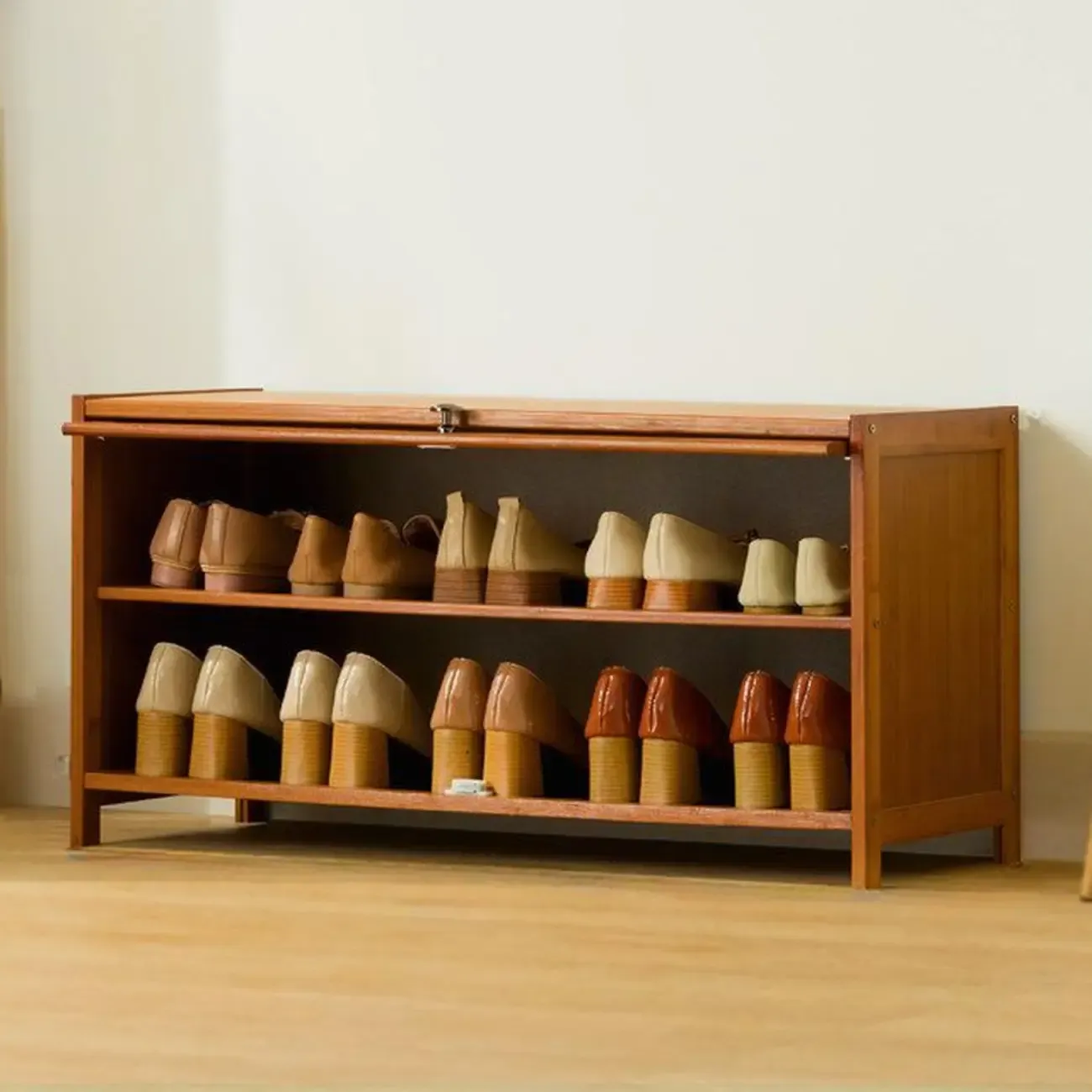 Bohemian Brown Wood Shoe Cabinet with Cane Doors Image - 19