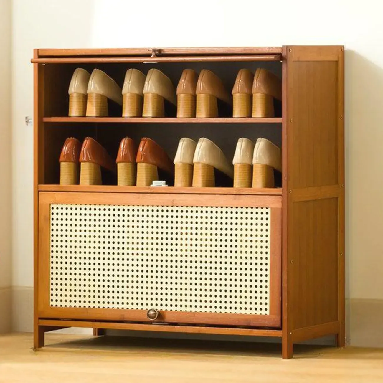 Bohemian Brown Wood Shoe Cabinet with Cane Doors Image - 20