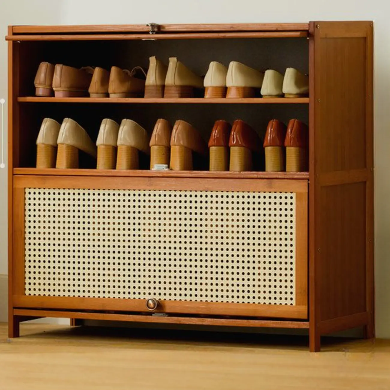 Bohemian Brown Wood Shoe Cabinet with Cane Doors Image - 21 | homeyfad