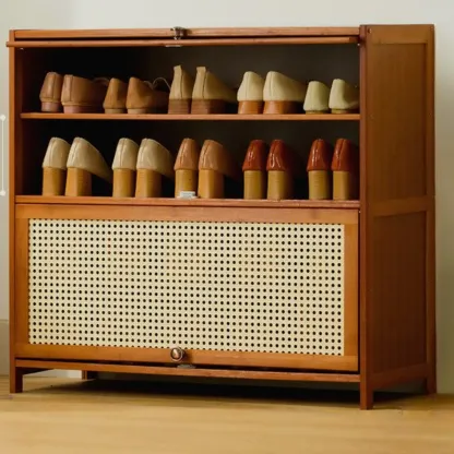 Bohemian Brown Wood Shoe Cabinet with Cane Doors Image - 21