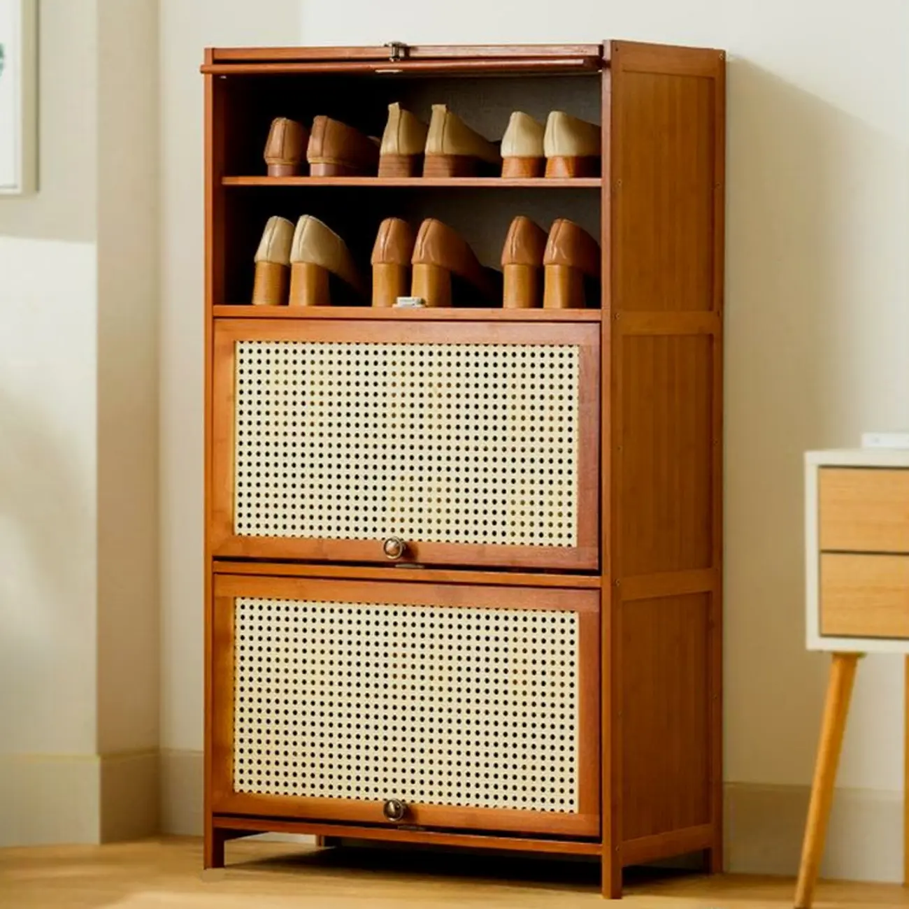 Bohemian Brown Wood Shoe Cabinet with Cane Doors Image - 22 | homeyfad