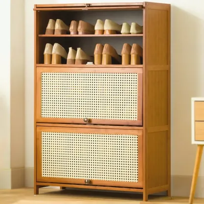 Bohemian Brown Wood Shoe Cabinet with Cane Doors Image - 23