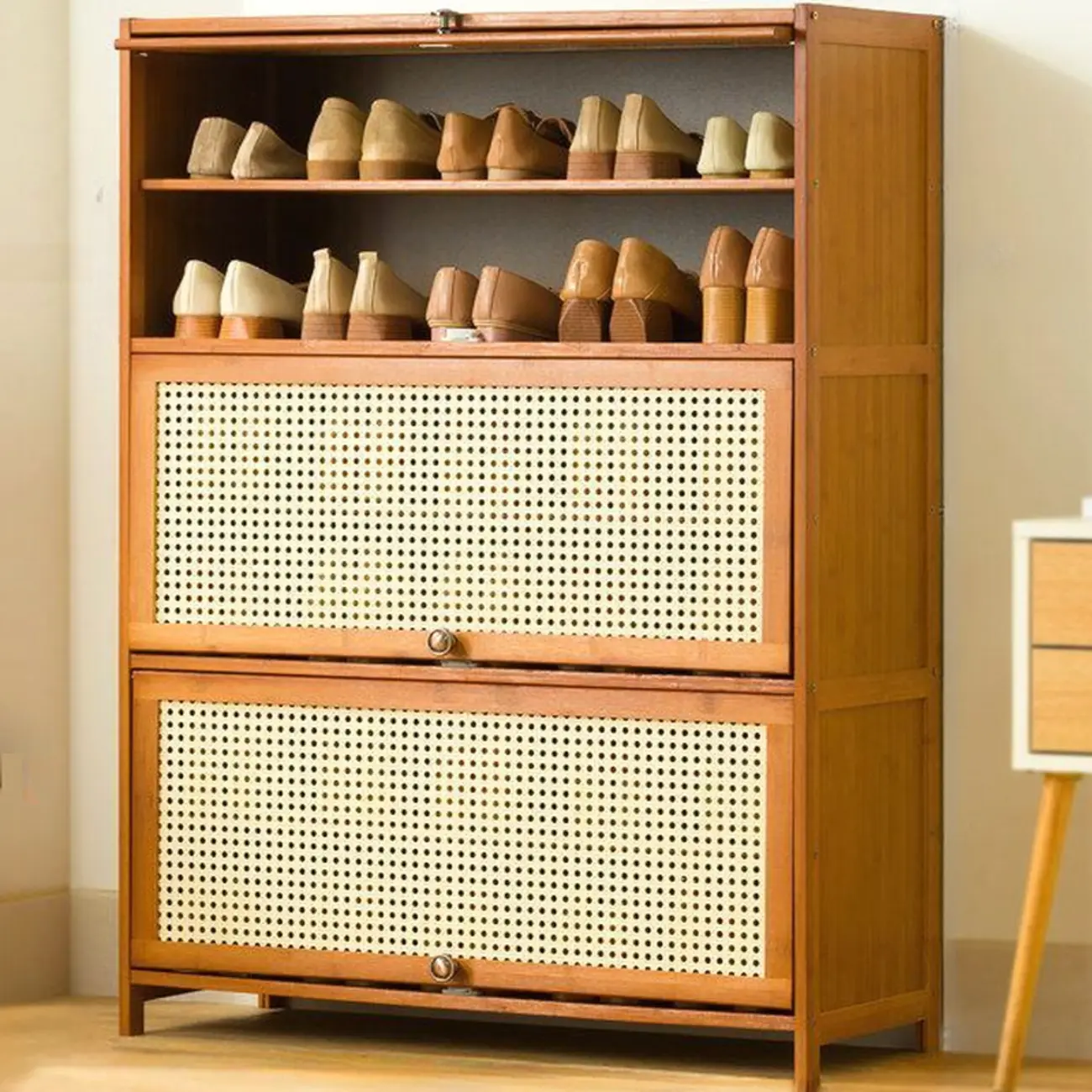 Bohemian Brown Wood Shoe Cabinet with Cane Doors Image - 24 | homeyfad