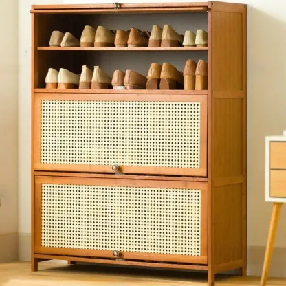 Bohemian Brown Wood Shoe Cabinet with Cane Doors Image - 24