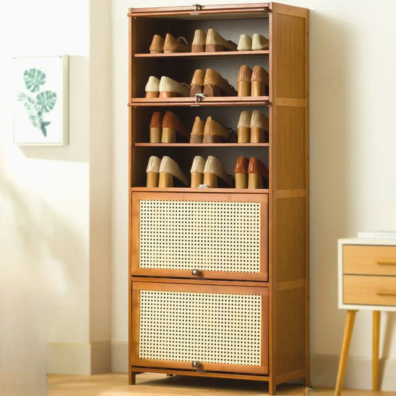 Bohemian Brown Wood Shoe Cabinet with Cane Doors Image - 25 | homeyfad