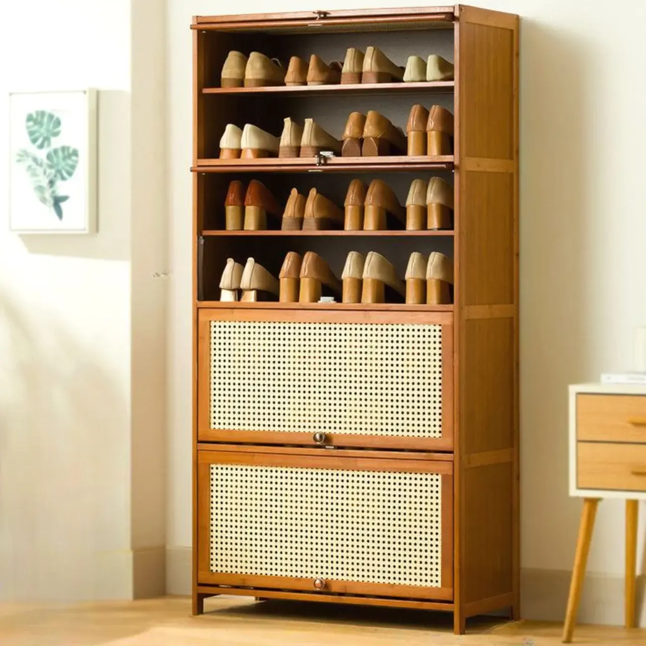 Bohemian Brown Wood Shoe Cabinet with Cane Doors Image - 26