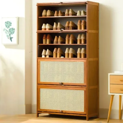 Bohemian Brown Wood Shoe Cabinet with Cane Doors Image - 26