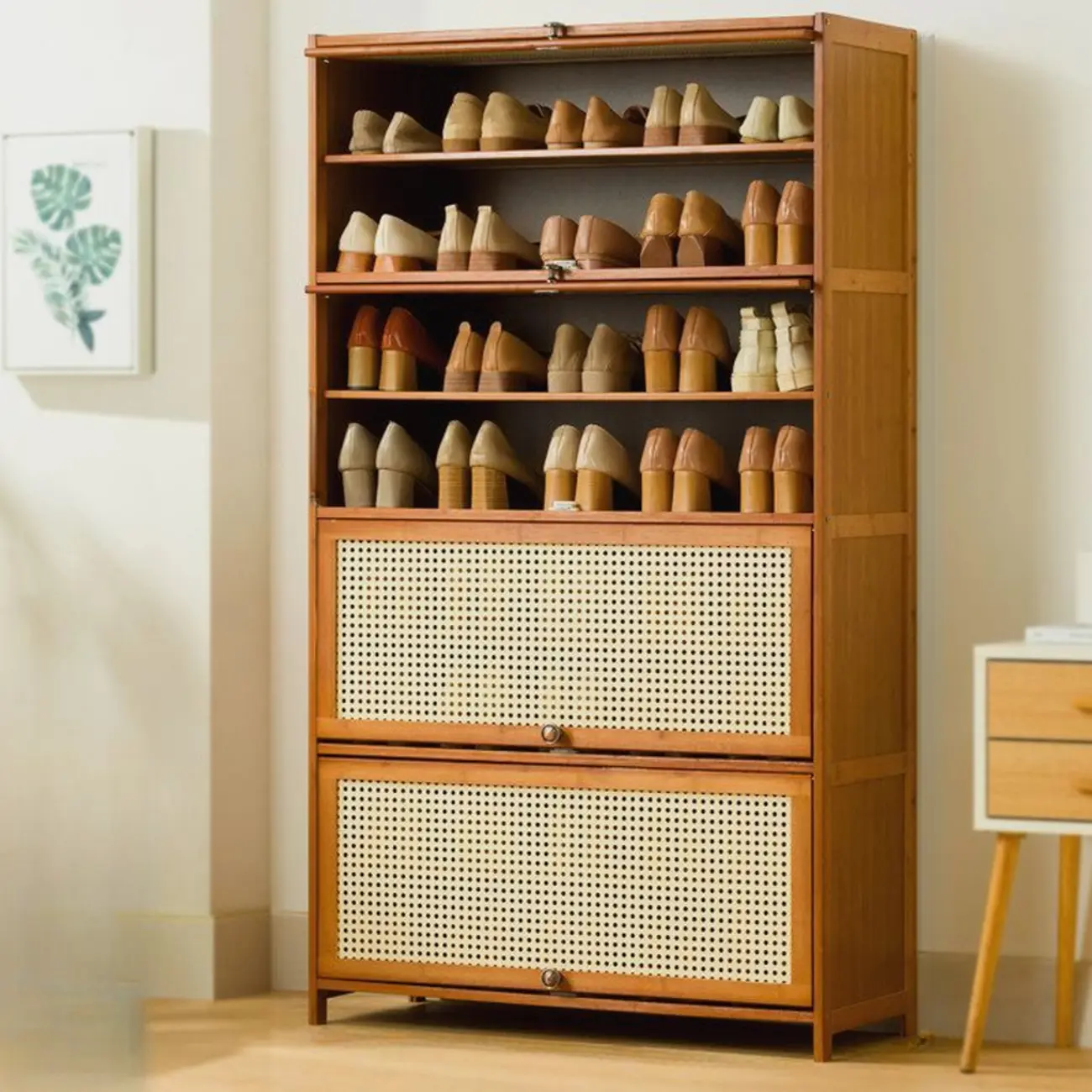 Bohemian Brown Wood Shoe Cabinet with Cane Doors Image - 27 | homeyfad