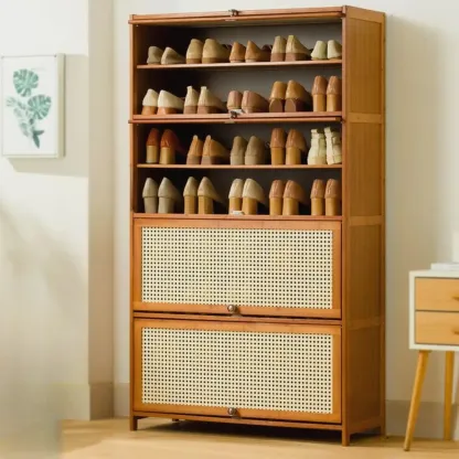 Bohemian Brown Wood Shoe Cabinet with Cane Doors Image - 27