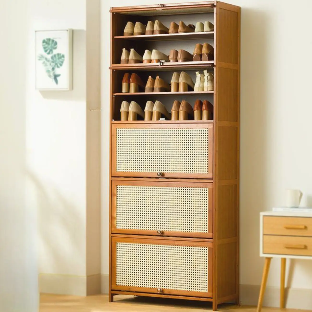 Bohemian Brown Wood Shoe Cabinet with Cane Doors Image - 28 | homeyfad