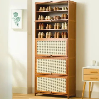Bohemian Brown Wood Shoe Cabinet with Cane Doors Image - 28