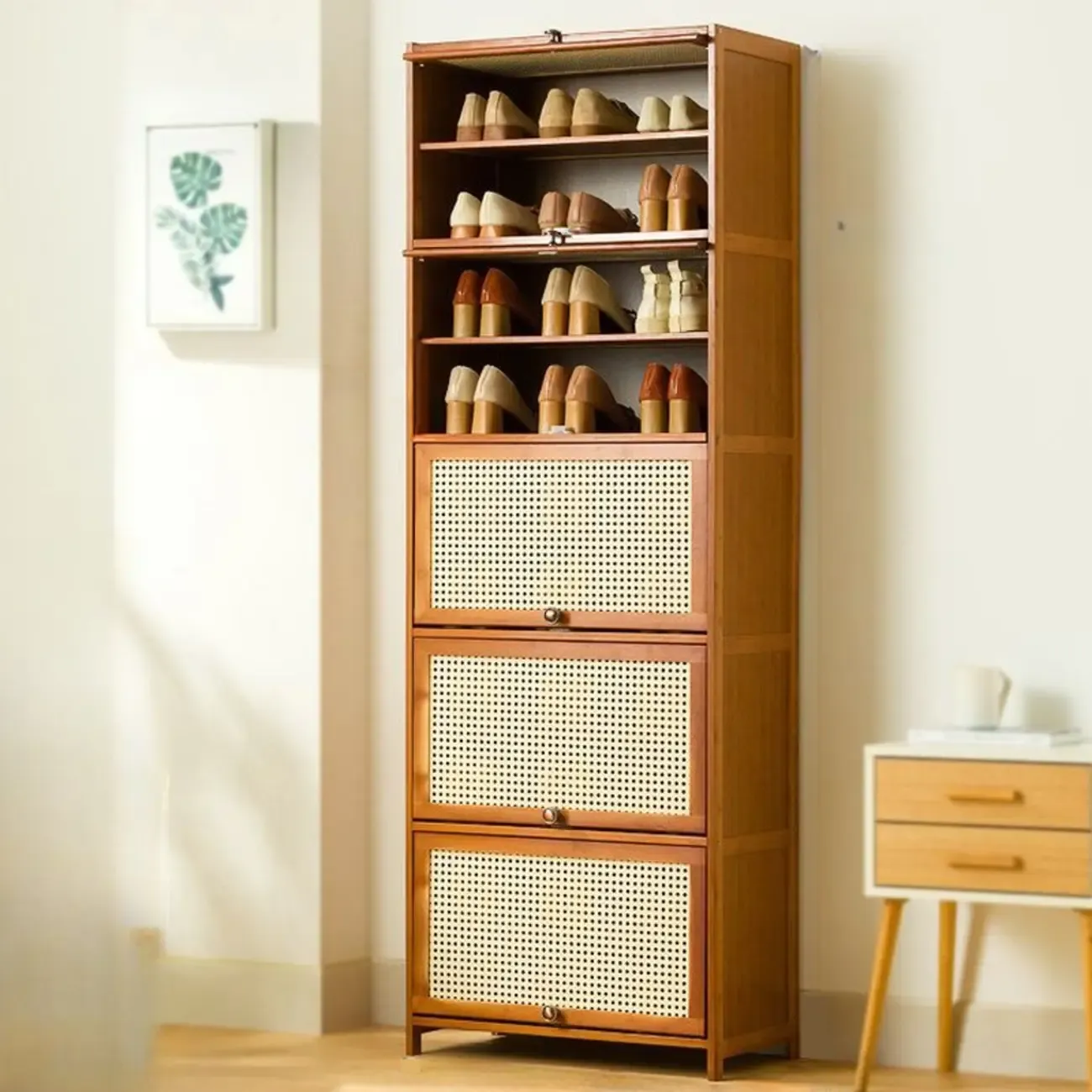Bohemian Brown Wood Shoe Cabinet with Cane Doors Image - 29
