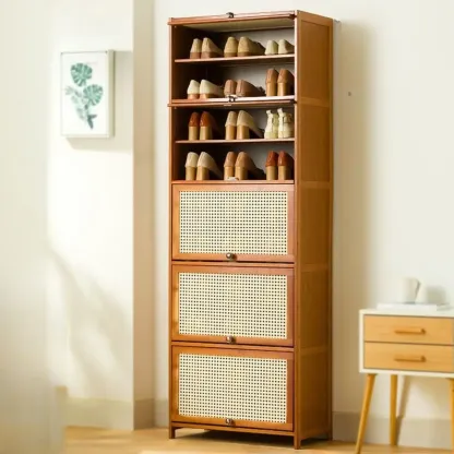 Bohemian Brown Wood Shoe Cabinet with Cane Doors Image - 29