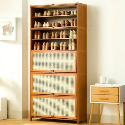 Bohemian Brown Wood Shoe Cabinet with Cane Doors Image - 30