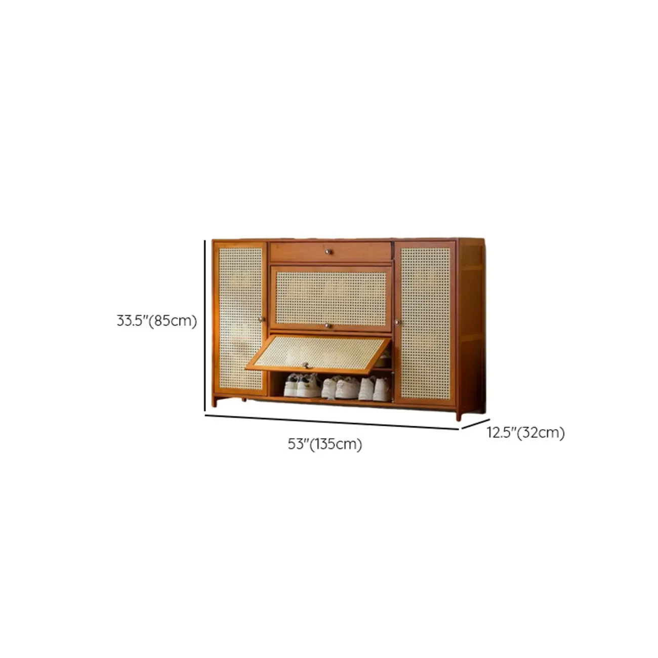 Bohemian Brown Wood Shoe Cabinet with Cane Doors Image - 48