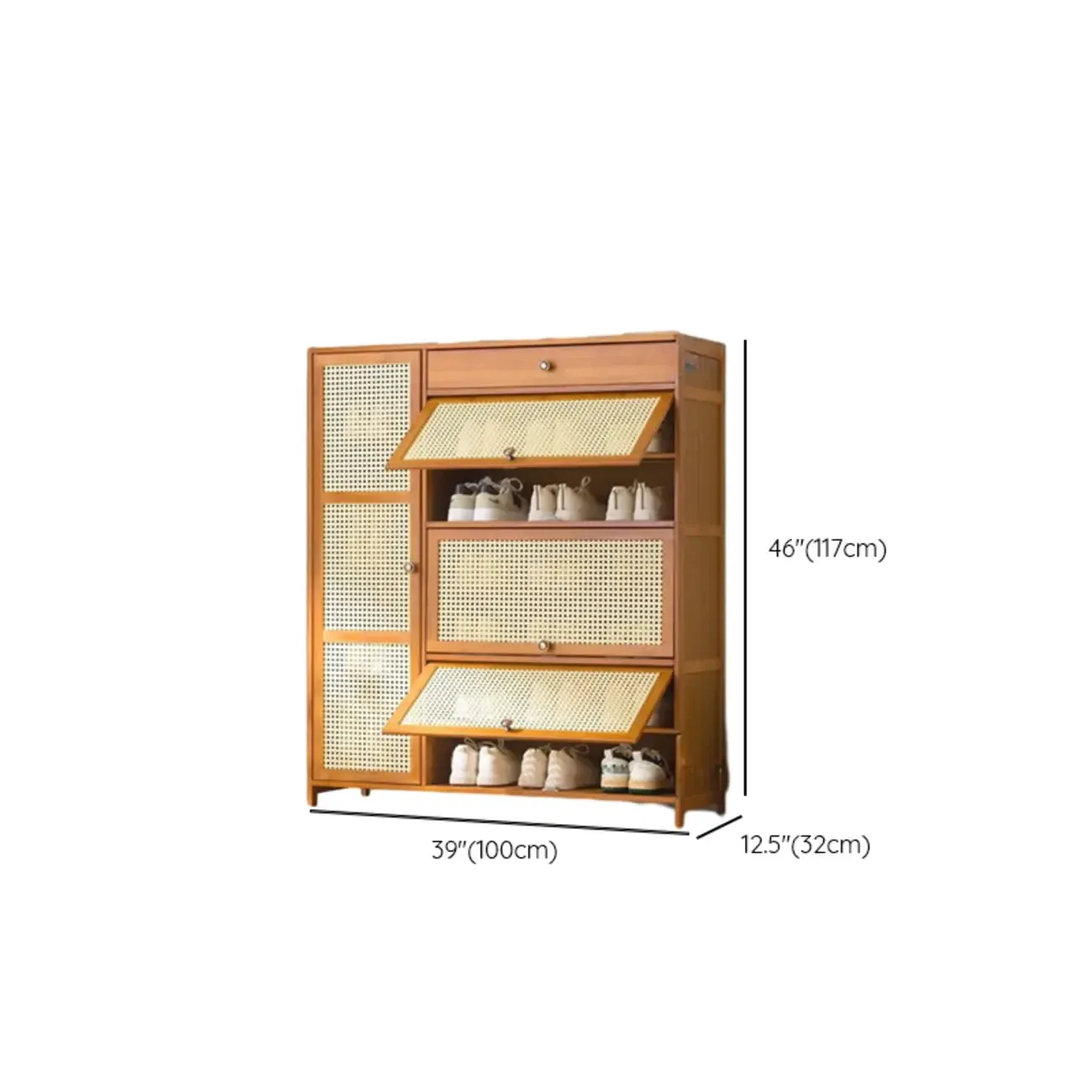 Bohemian Brown Wood Shoe Cabinet with Cane Doors Image - 50