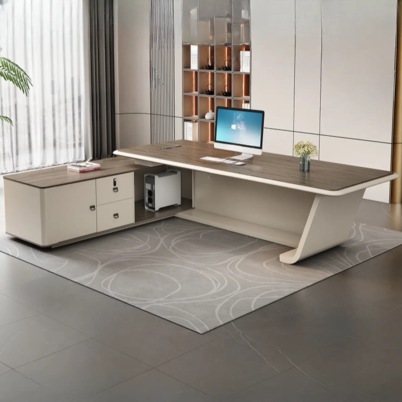 Stylish Wooden Office Desk with Storage and Cable Management Image - 4 | homeyfad