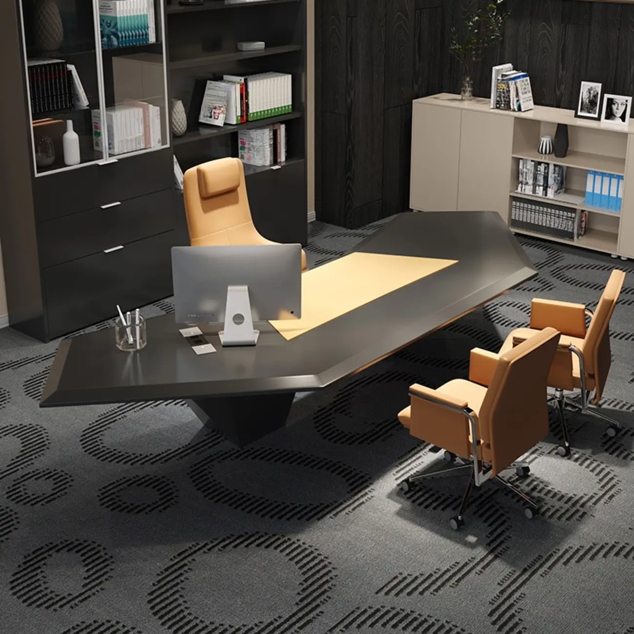 Large Modern Angular Black Wooden Executive Office Desk Image - 2 | homeyfad