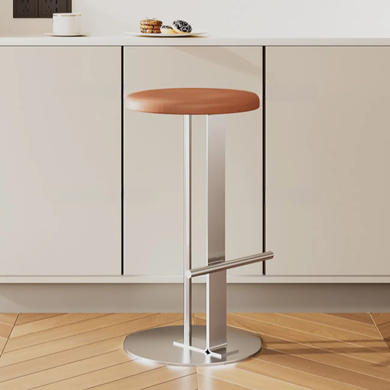 Sleek Metal Leather Pedestal Backless Round Bar Stool Image - 1 | homeyfad