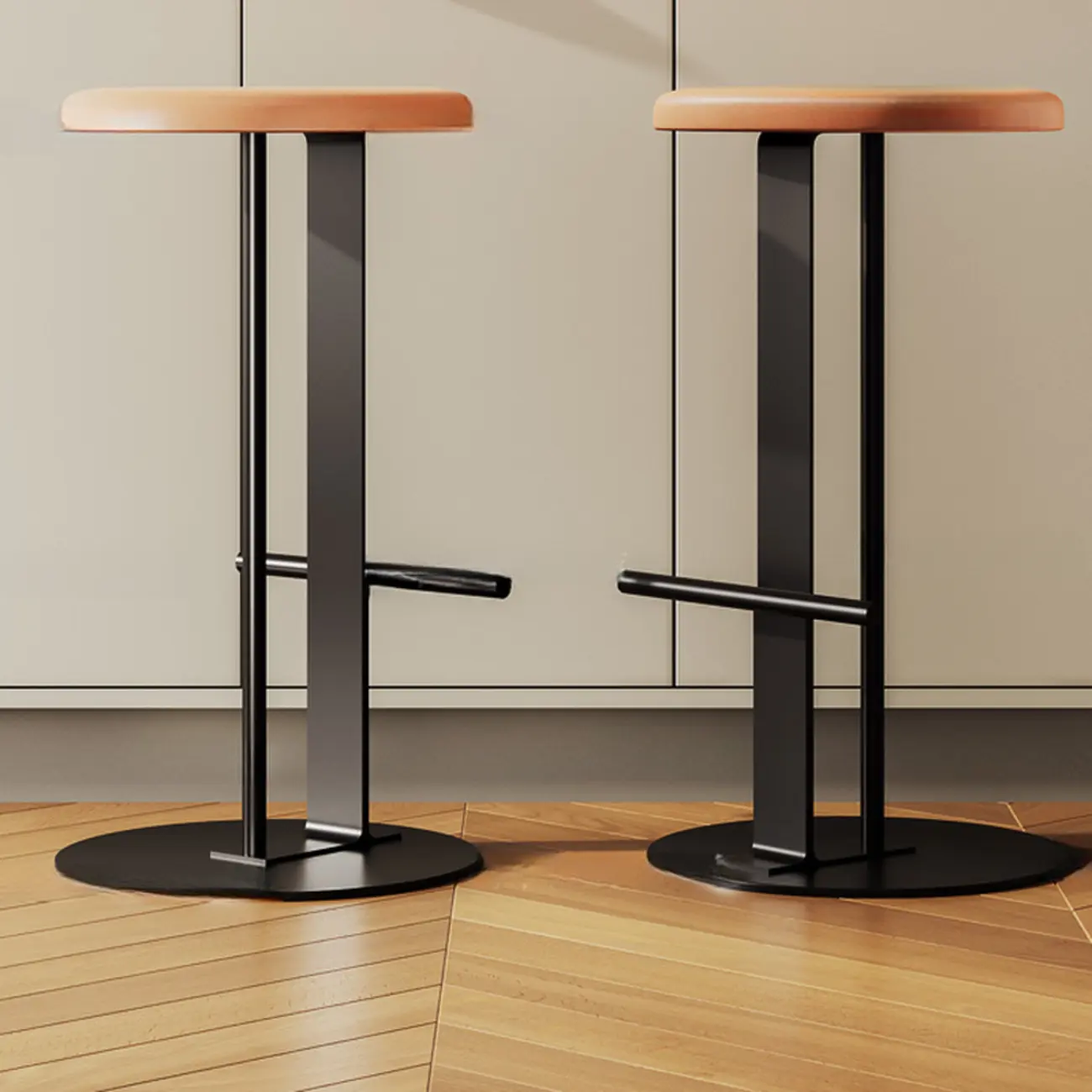 Sleek Metal Leather Pedestal Backless Round Bar Stool Image - 2 | homeyfad