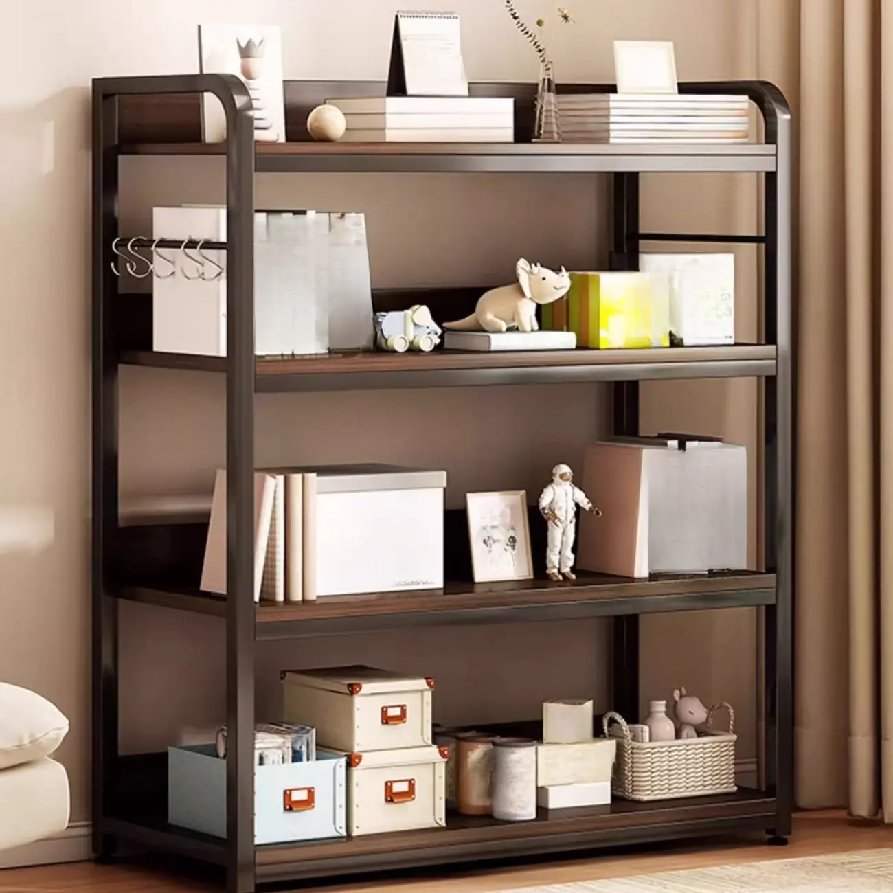 Black Wood Top Etagere Open Back Bookcase Steel Frame Image - 1 | homeyfad