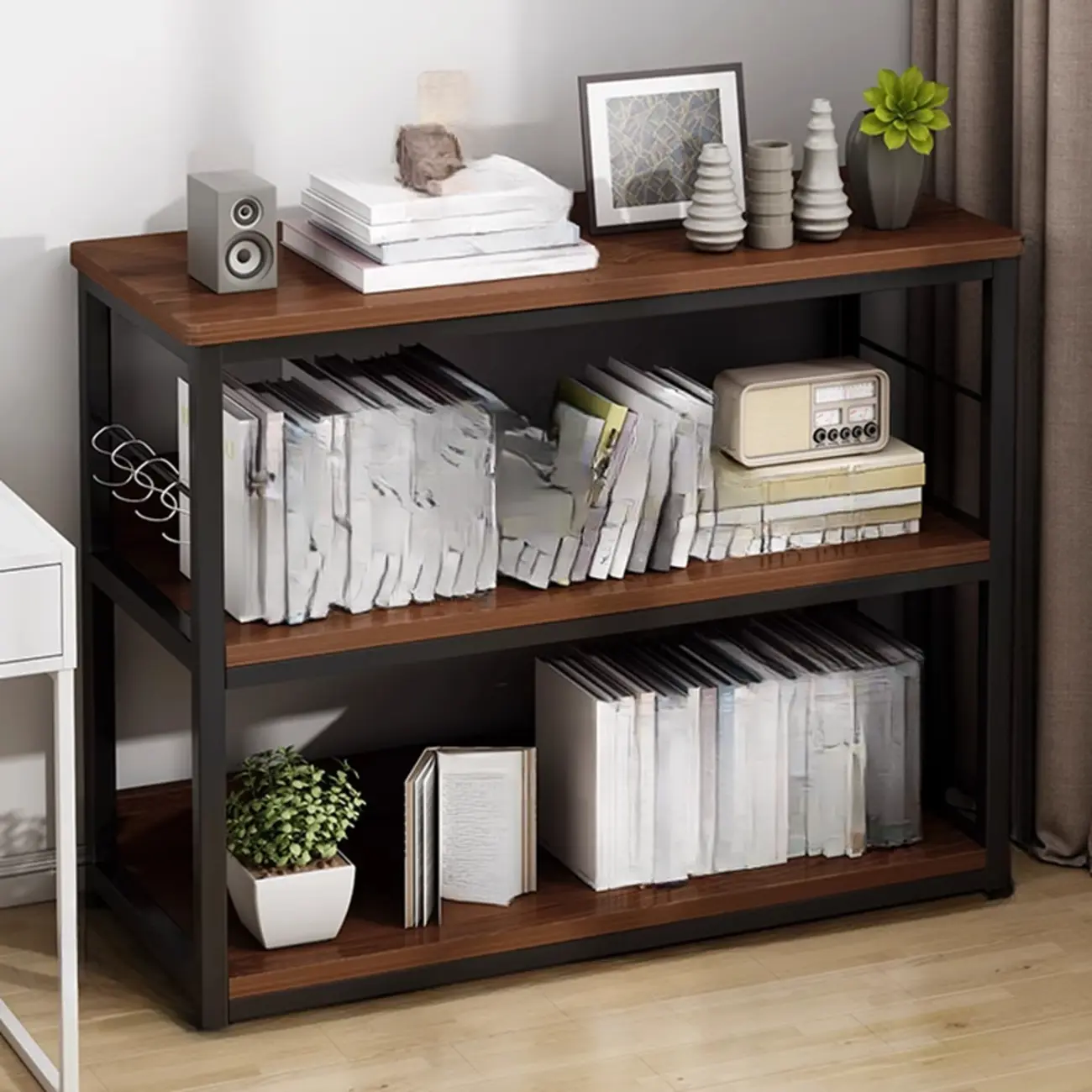 Black Wood Top Etagere Open Back Bookcase Steel Frame Image - 22 | homeyfad