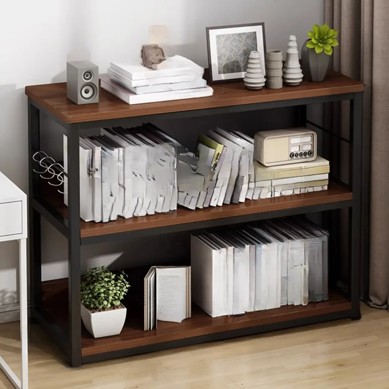 Black Wood Top Etagere Open Back Bookcase Steel Frame Image - 22