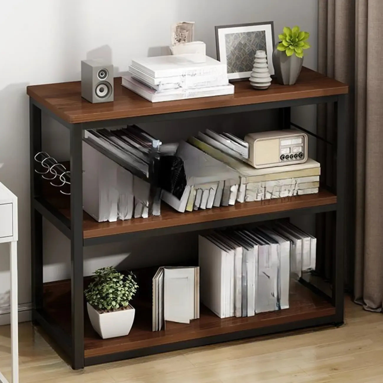 Black Wood Top Etagere Open Back Bookcase Steel Frame Image - 23
