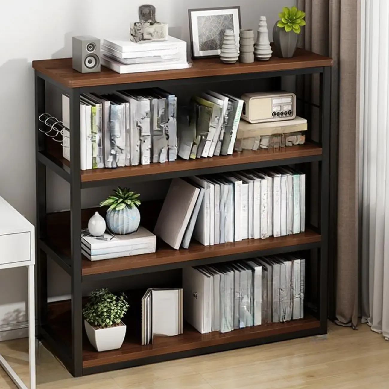 Black Wood Top Etagere Open Back Bookcase Steel Frame Image - 24
