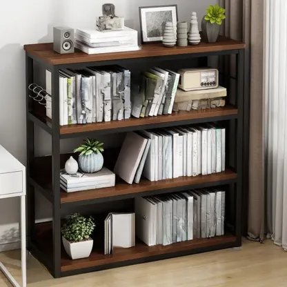 Black Wood Top Etagere Open Back Bookcase Steel Frame Image - 24
