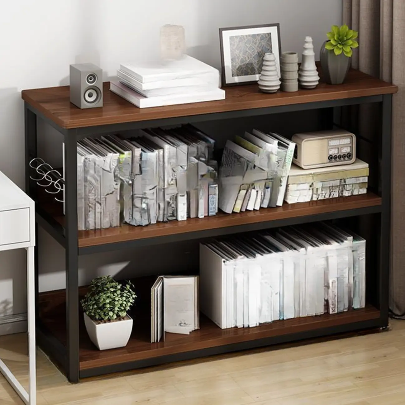 Black Wood Top Etagere Open Back Bookcase Steel Frame Image - 25 | homeyfad