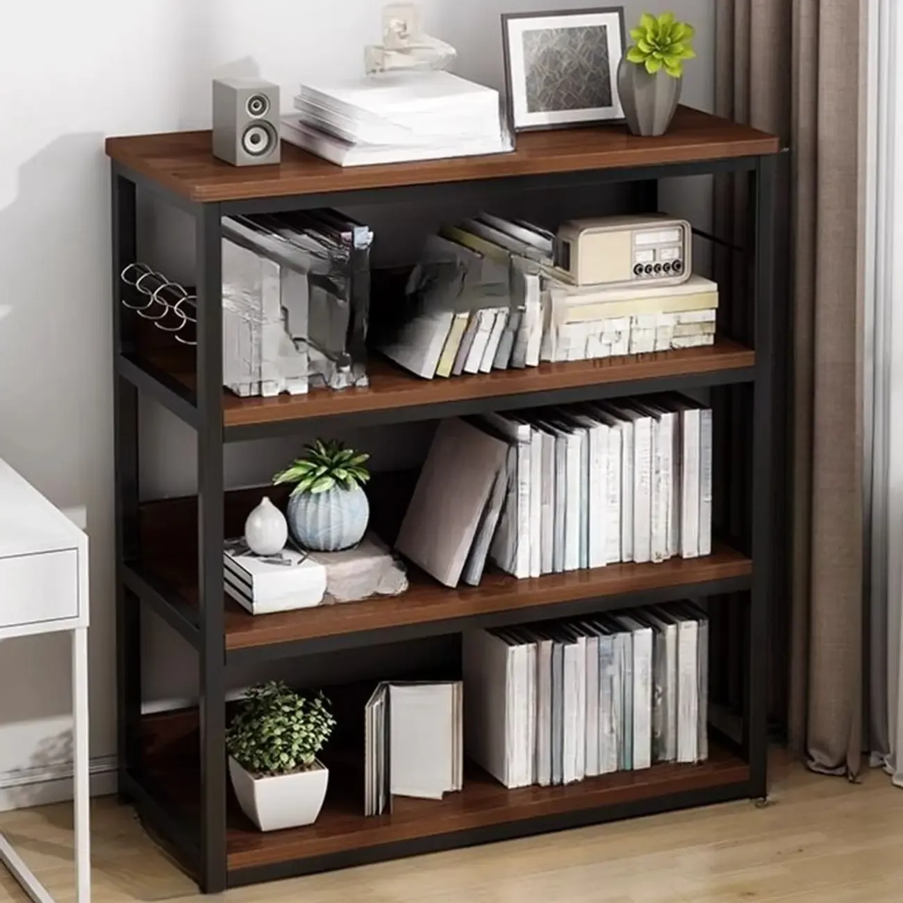 Black Wood Top Etagere Open Back Bookcase Steel Frame Image - 26