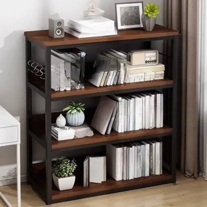 Black Wood Top Etagere Open Back Bookcase Steel Frame Image - 26