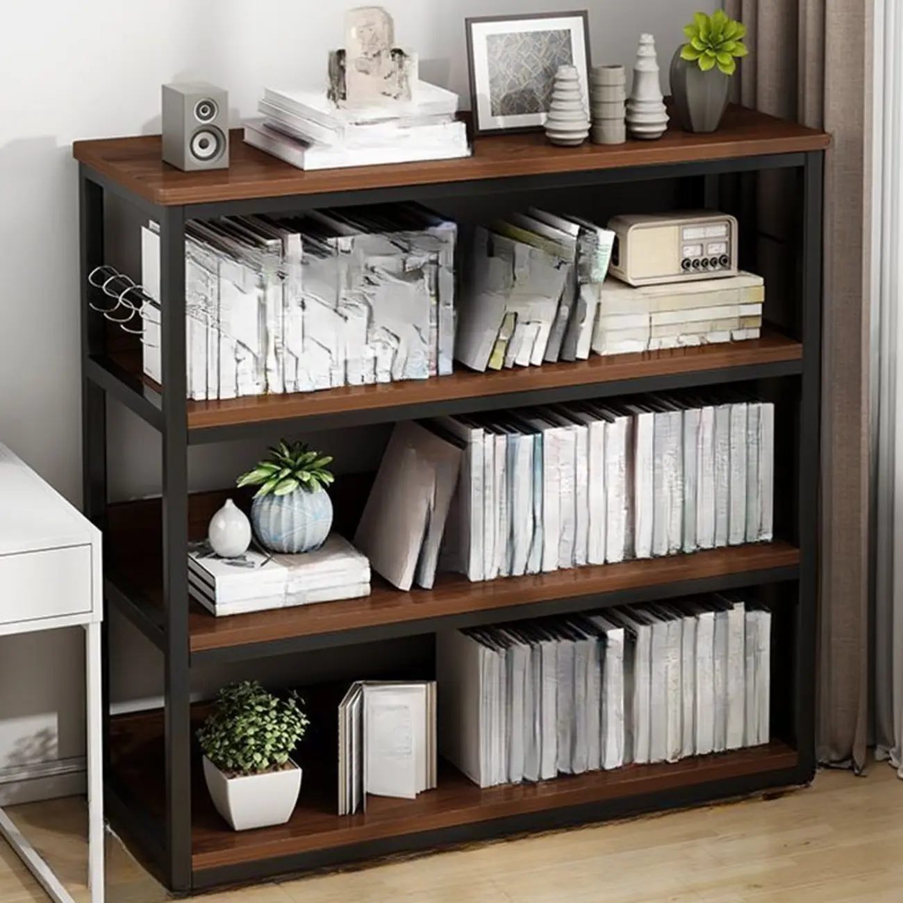 Black Wood Top Etagere Open Back Bookcase Steel Frame Image - 27 | homeyfad