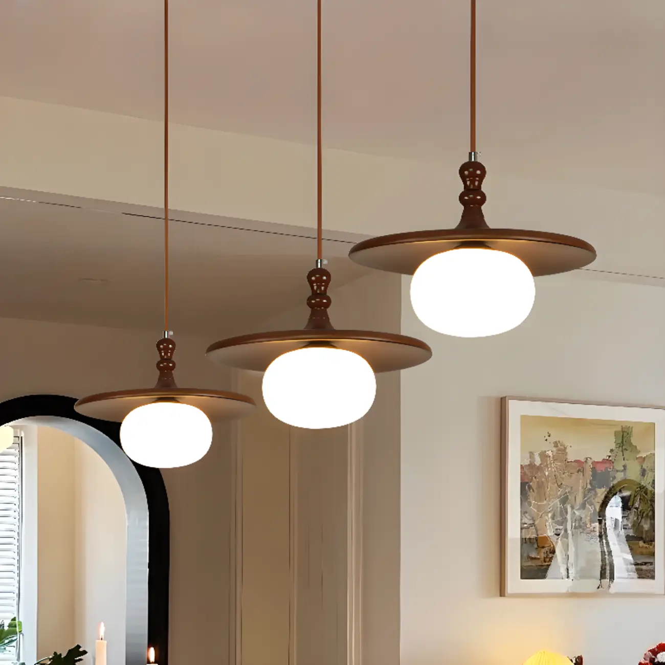 Modern Rustic Wood Disc Shape Adjustable Island Light for Dining Image - 3 | homeyfad