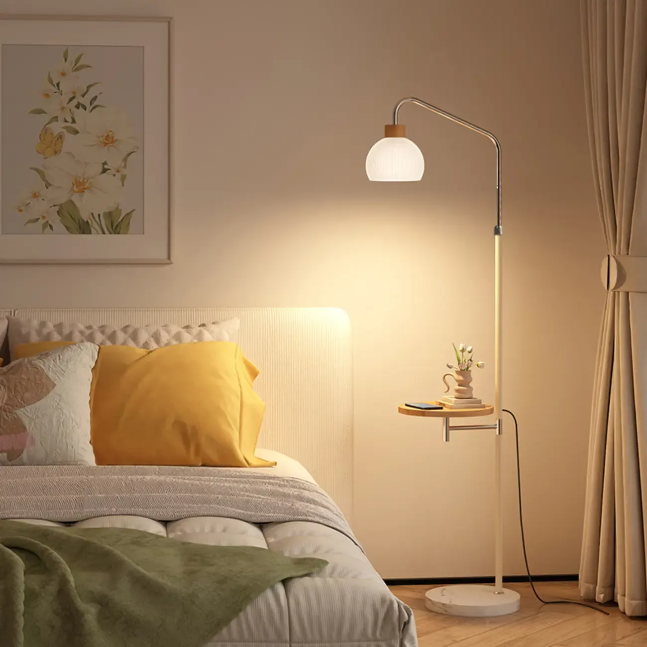 Simplistic Metal Glass Dome Arc Floor Lamp with Tray Table Image - 4