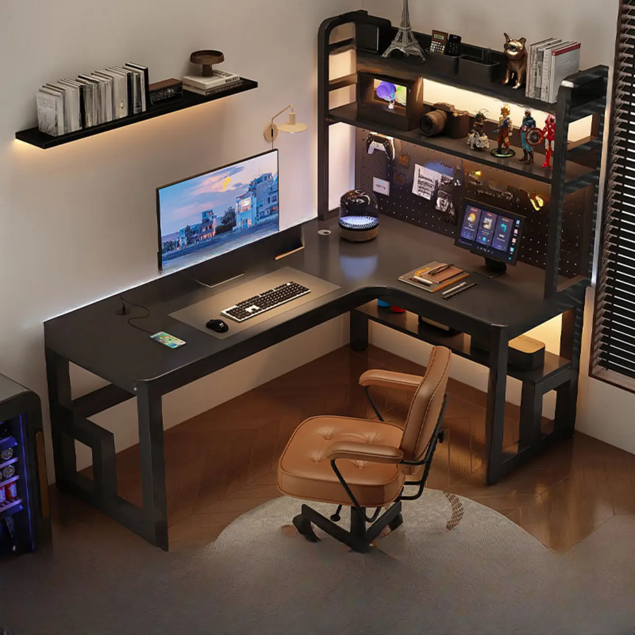 Large L-Shaped Black Metal Wood Shelved Office Desk Image - 1 | homeyfad