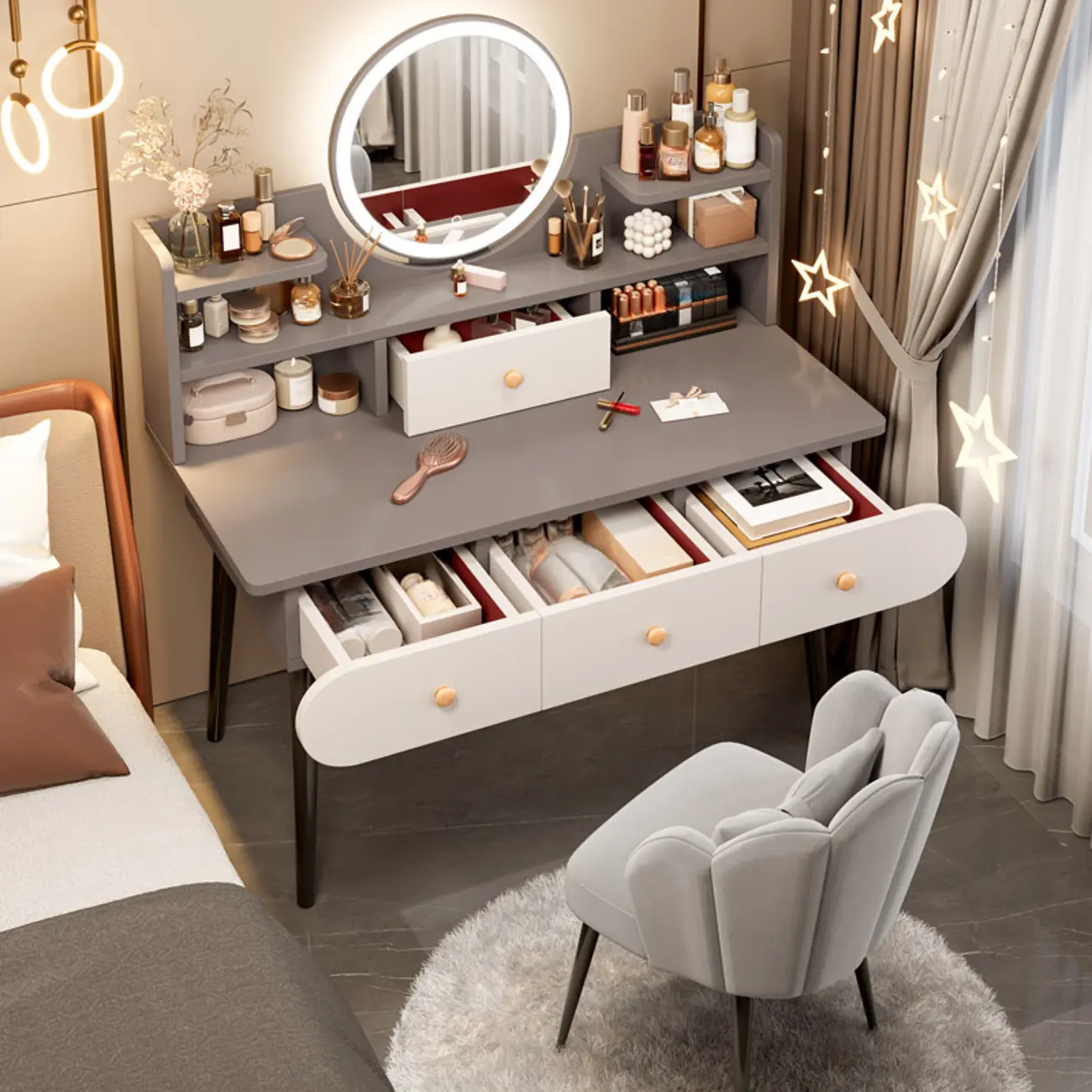 Grey Wood 3-Drawer Bedroom Makeup Vanity Set with Mirror Image - 1 | homeyfad