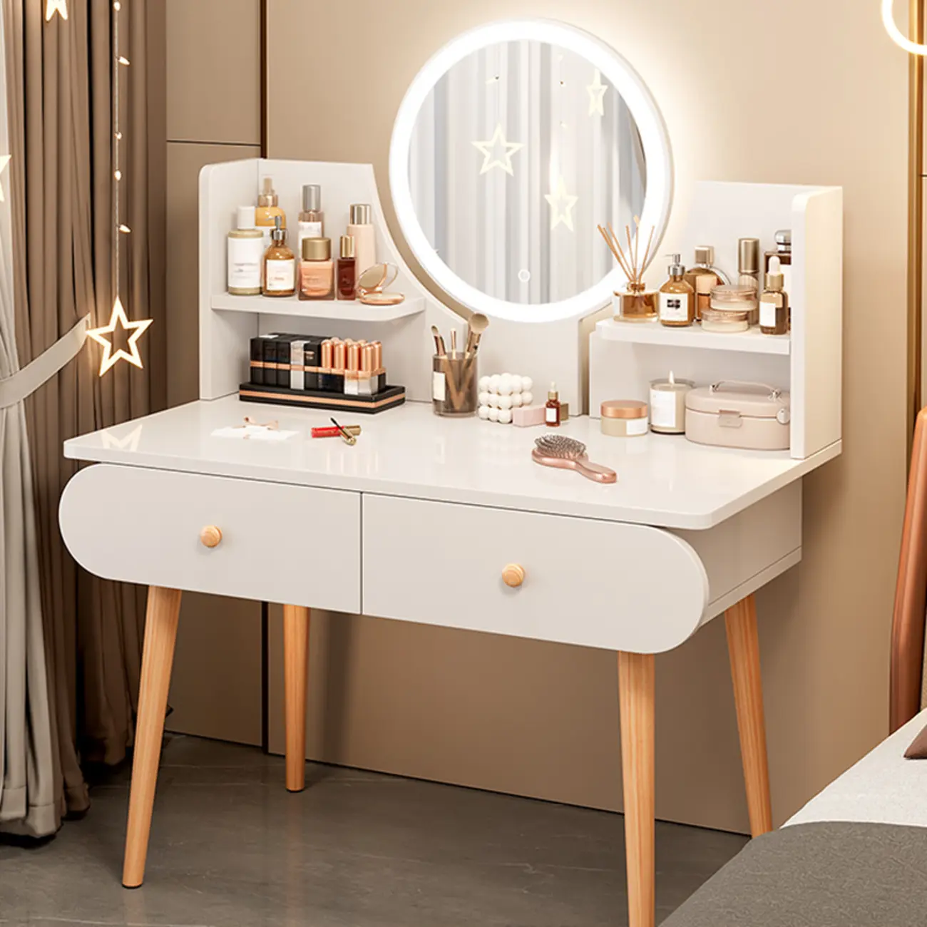 Grey Wood 3-Drawer Bedroom Makeup Vanity Set with Mirror Image - 2 | homeyfad