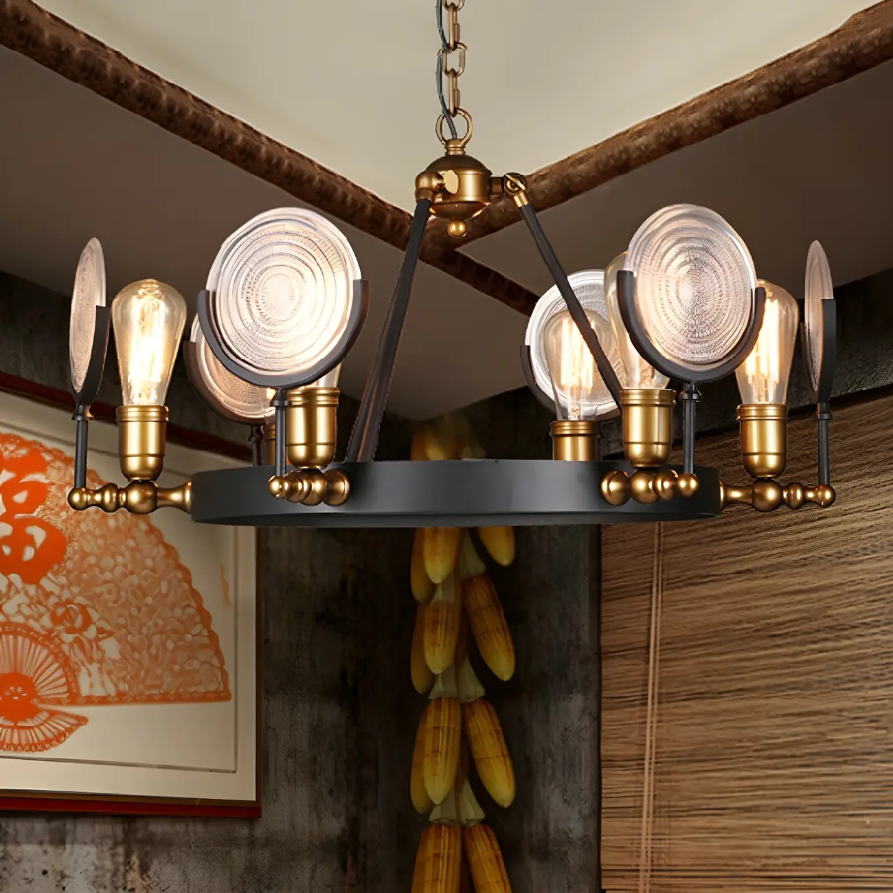 Grid Glass Lens Chandelier Lamp Vintage 6/9/12 Lights Restaurant Hanging Light Kit in Black | homeyfad