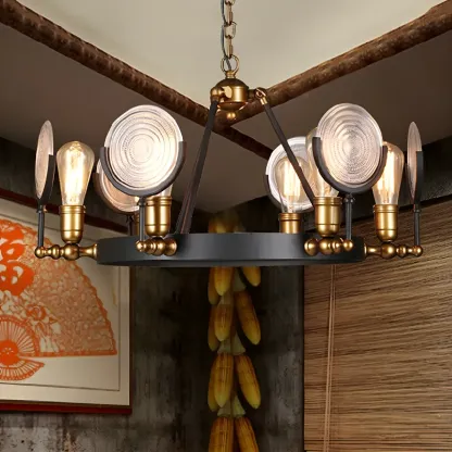 Grid Glass Lens Chandelier Lamp Vintage 6/9/12 Lights Restaurant Hanging Light Kit in Black